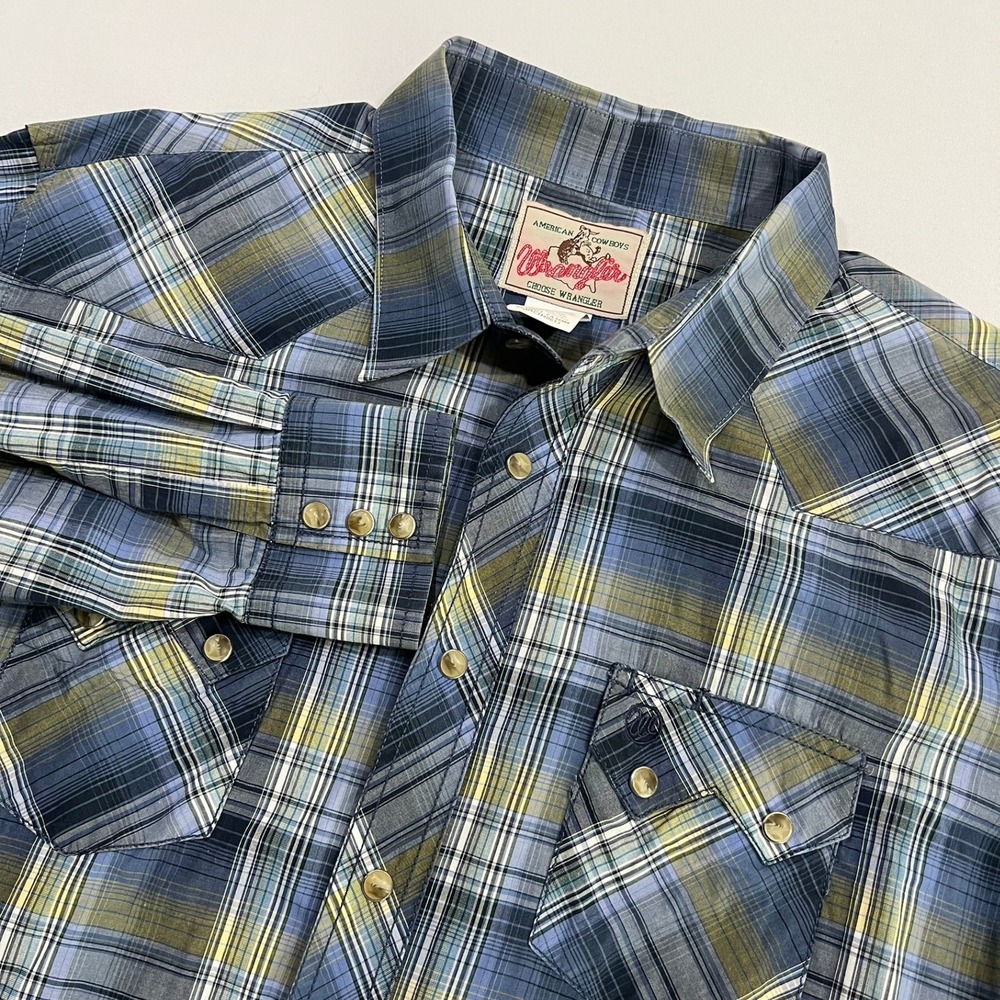Vtg Wrangler American Cowboys Western Pearl Snap Cowboy Shirt Mens XL Blue Plaid